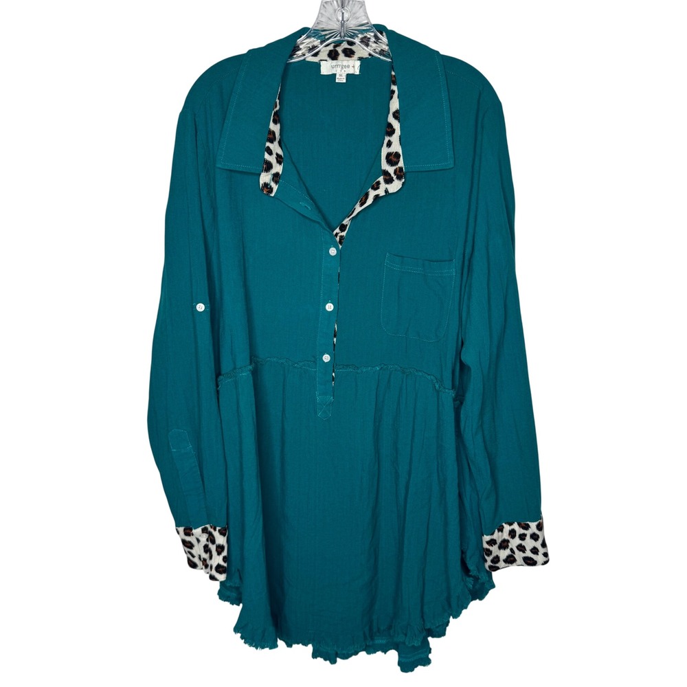 Umgee Plus Teal Green‎ Leopard Trim Frayed Hem Tunic Top 1XL Boho Long Sleeve